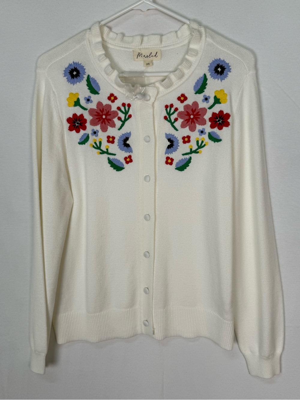 Marled Cream Cardigan with Multicolor Floral Embroidery